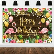 Aloha Luau Backdrop Summer Hawaiian Flamingo Happy Birthday Background Palm Leaves Floral Birthday Party Decorations Banner Photo Studio Props (Wood)