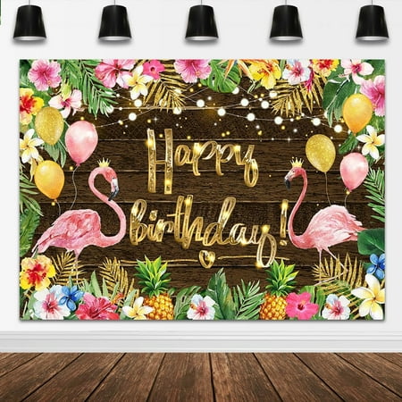 Aloha Luau Backdrop Summer Hawaiian Flamingo Happy Birthday Background Palm Leaves Floral Birthday Party Decorations Banner Photo Studio Props (Wood)