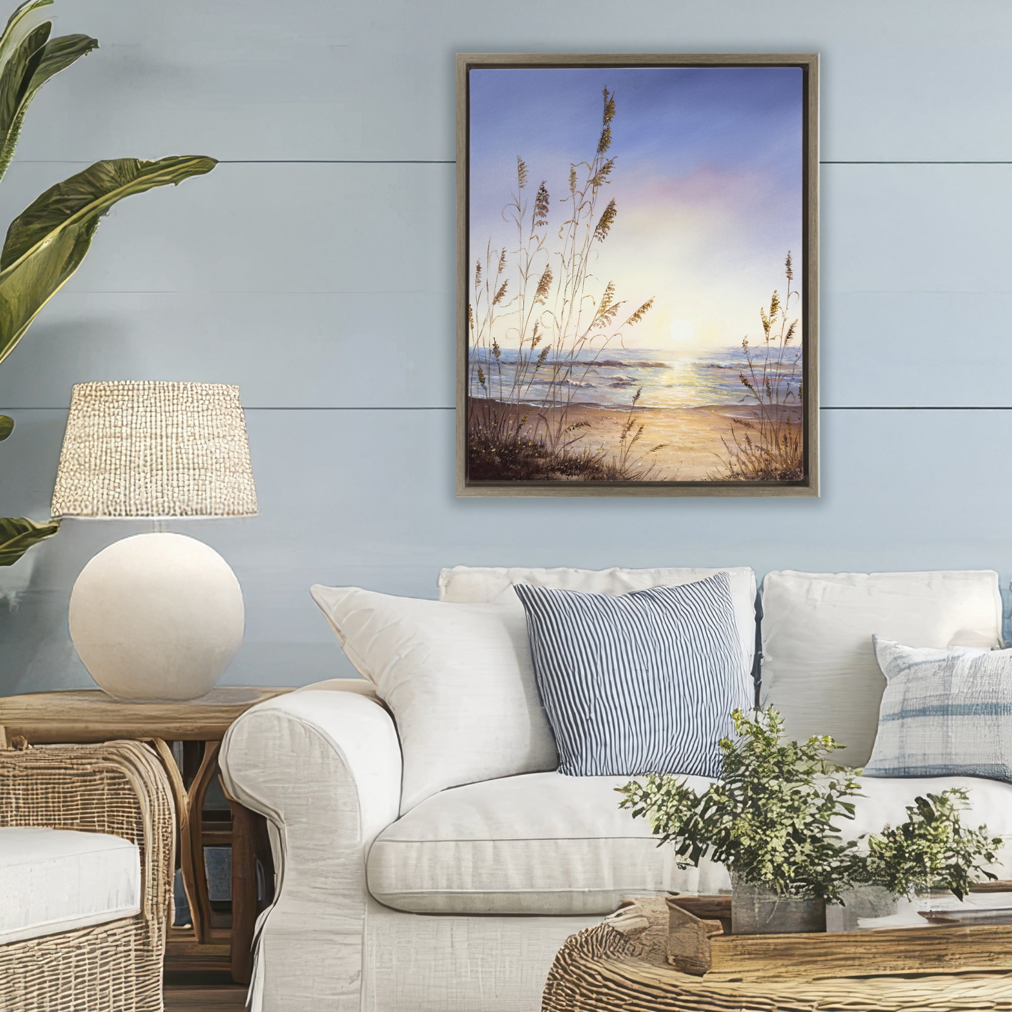 Seascape with Sunlit Grasses Brown Framed Floater Canvas Wall Art, design by Michelle Faber