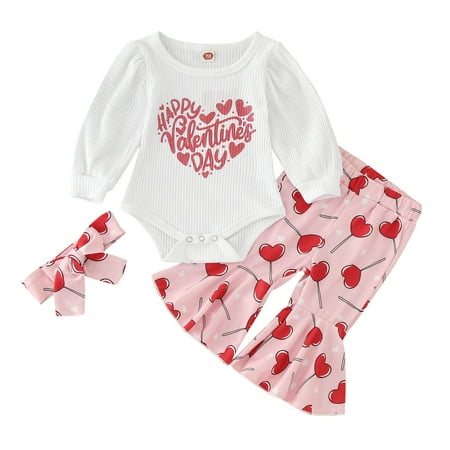 

Toddler Girls Outfit Valentines Days Baby Sweet Clothes Sets 3Pcs Long Puff Sleeve Letter Printed Ribbed Romper Heart Flare Pants Outfits Set
