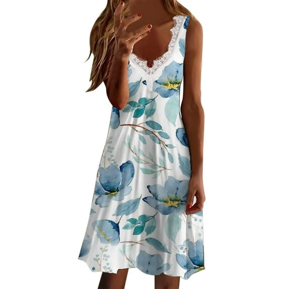Tank Dress for Women Casual Lace Trim V Neck Summer Dresses for Women 2022 Boho Printing Sleeveless Pleated Tunic Dress