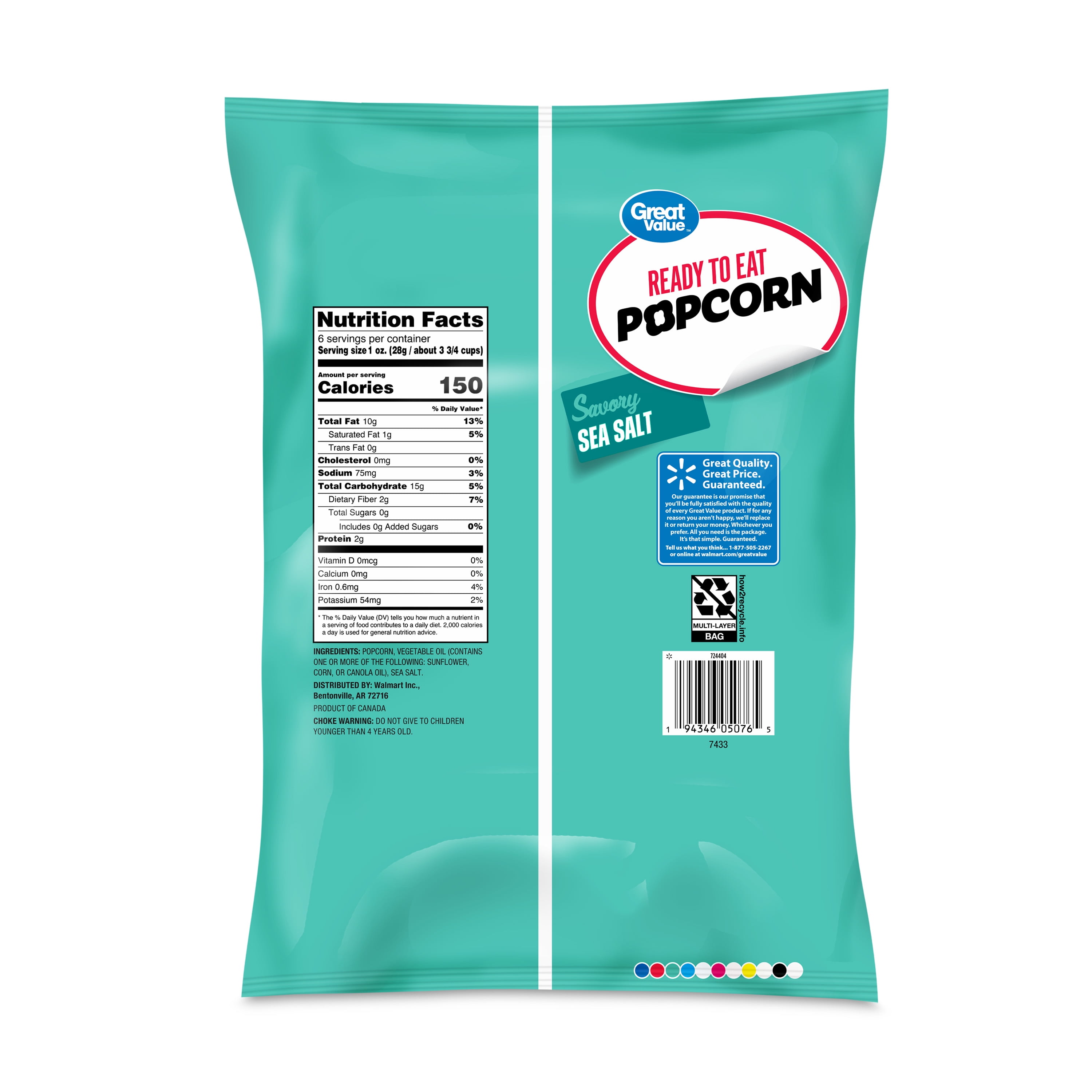 Great Value Sea Salt Ready to Eat Popcorn, 6 oz