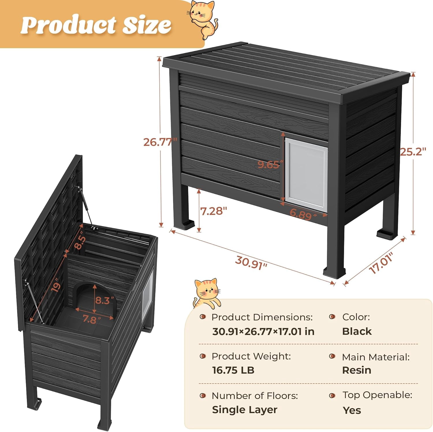 Large Outdoor Cat House Weatherproof, 31 Inch Plastic Cat House Waterproof with Raised Floor, Outside Feral Cat Shelter for Patio, Porch, Garage, Indoor Use, Easy to Clean