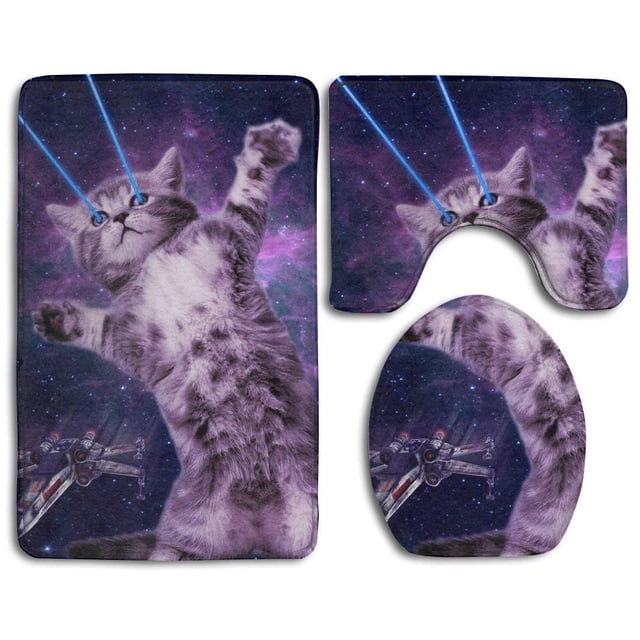 ABPHQTO Espacio Laser Cat 2 Juego de alfombras de baño de 3 piezas Alfombra de baño Alfombra de contorno y tapa de inodoro