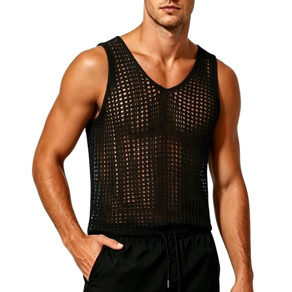 VSSSJ Men's Crochet Tank Tops Hollow Out Loose Knit Summer Sleeveless Tops Crew Neck Casual Vacation Beach See Through T Shirts Black Free Size
