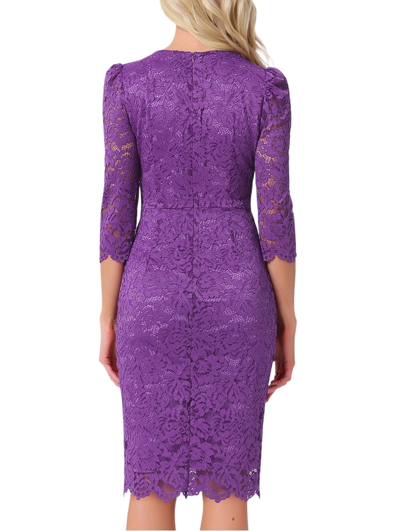 Inspire Chic Women's Elegant Lace Dress 3/4 Sleeve Wedding Guest Bodycon Cocktail Dresses S Purple, Size: Small, Black