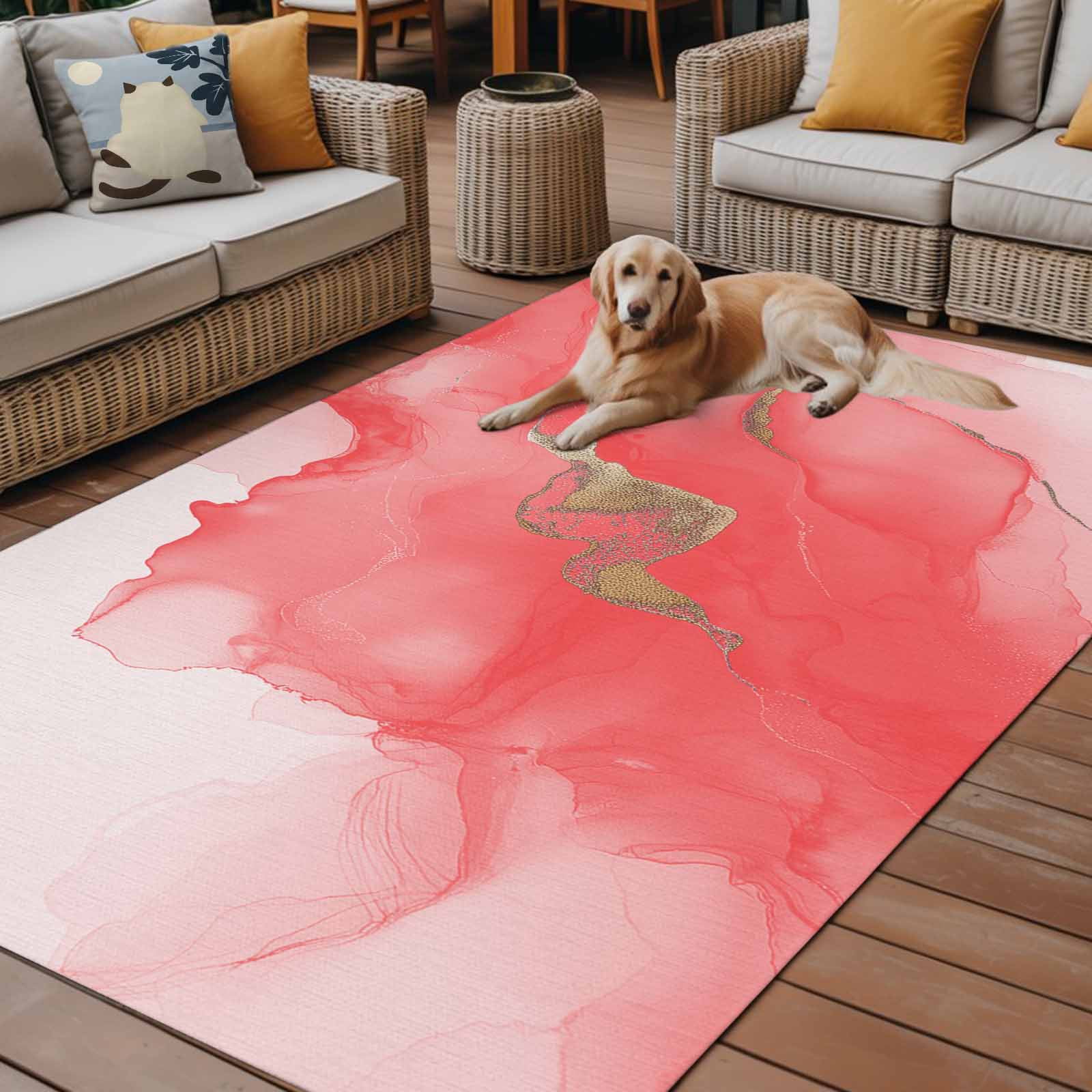 Outdoor Rug 3x5ft Abstract Ombre Pink Marble Large Area Rug White Modern Art Indoor Outdoor Carpet Outdoor Rugs Mats for Patio Camping,RV,Front Door, Outside Decor