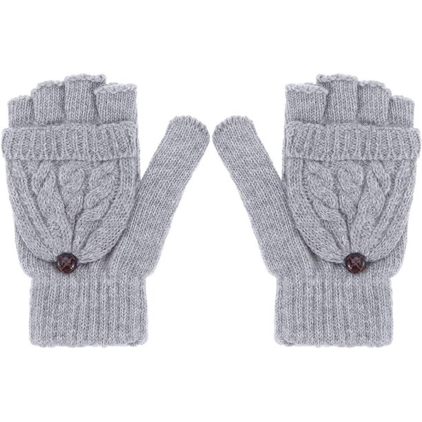 Guantes convertibles de punto de lana cálidos de invierno para mujer, sin dedos, con funda para manoplas