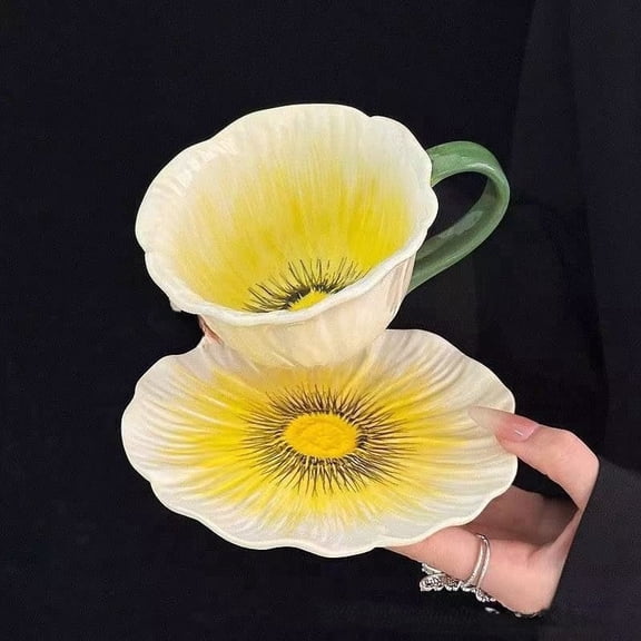 Hand-Painted 3D Yellow Poppy Flower Ceramic Coffee Mug & Saucer Set, 10oz (300ml), Dishwasher Safe, Floral Tea Cup for Coffee, Tea, Latte, Home Decor & Gifting