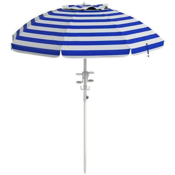 GVN Patio Umbrella, Outdoor Table Umbrella,5.7' Beach Umbrella for Travel with Tilt, Adjustable Height, 2 Cup Holders, Hooks, Vent, Ruffles, Blue Stripe
