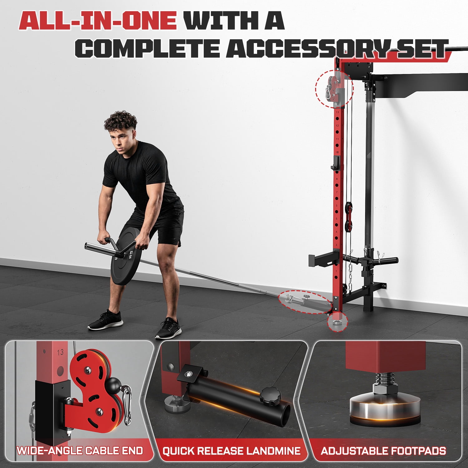 Wall Mounted Folding Squat Rack,1200 LBS Power Rack with Dual Independent Pulley System, 5 Adjustable Modes, Functional Trainer for Space Saving Home Gym with 1000 LB Weight Bench and Barbell ,Red
