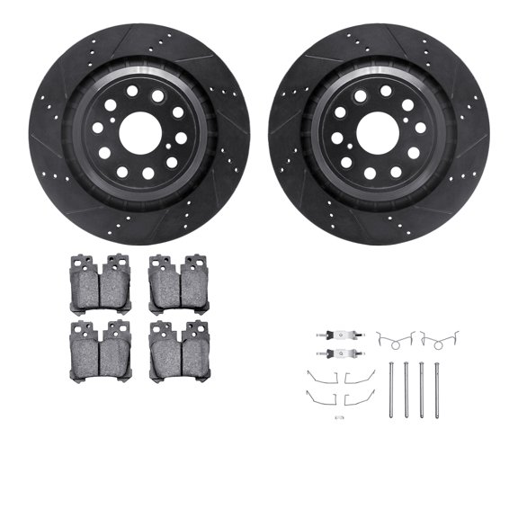 Dynamic Friction Company Rear Brake Rotors-Drilled and Slotted-Black with 5000 Euro Ceramic Brake Pads includes Hardware 8612-75004