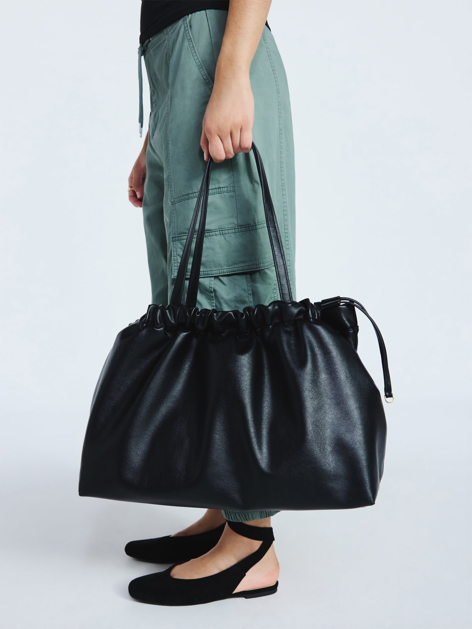 Scoop Women's Faux Leather Oversized Drawstring Pouch Tote, Black