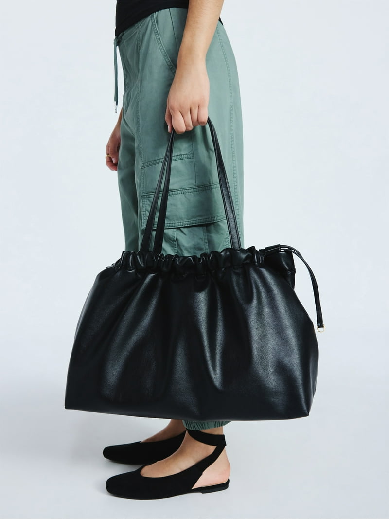 Scoop Women's Faux Leather Oversized Drawstring Pouch Tote, Black