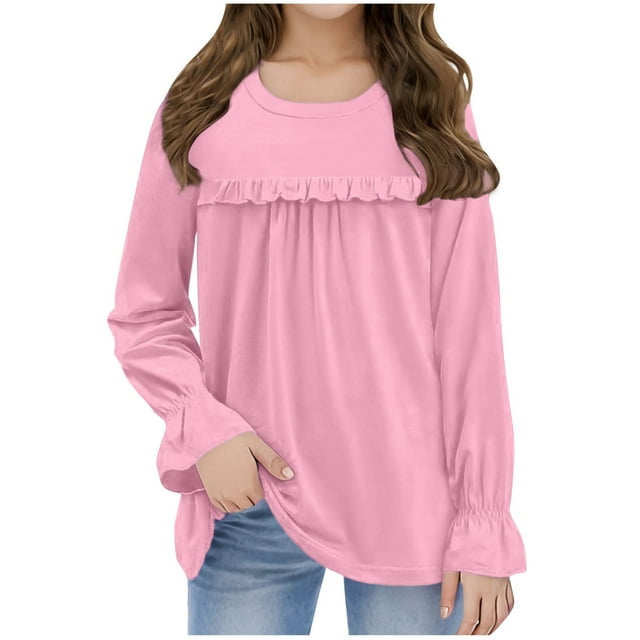 FAIWAD Girls Ruffle Long Sleeve Tops Casual Ruffle Crewneck Comfy Pullover Kids Going Out Cute Tees 5-13Y