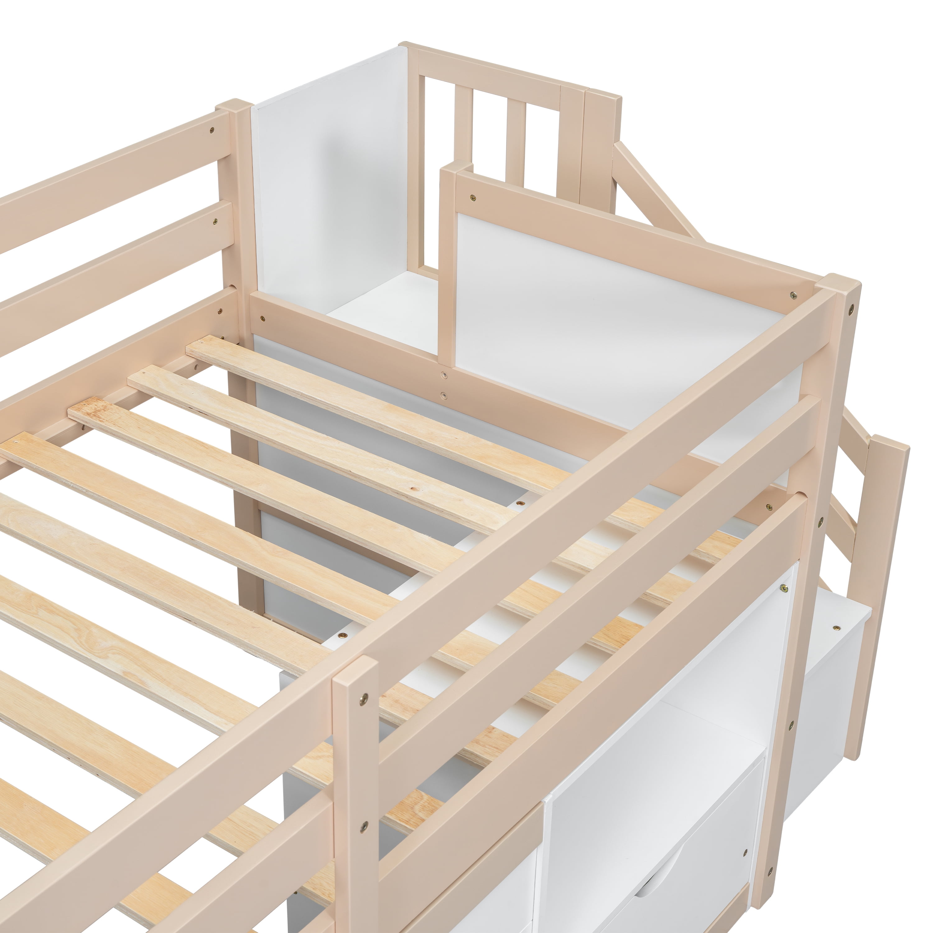 Leumius Twin Size Loft Bed with Storage Stairs and Storage Drawers,Solid Wood Bed Frame with Large Under-Bed Space,Cream White