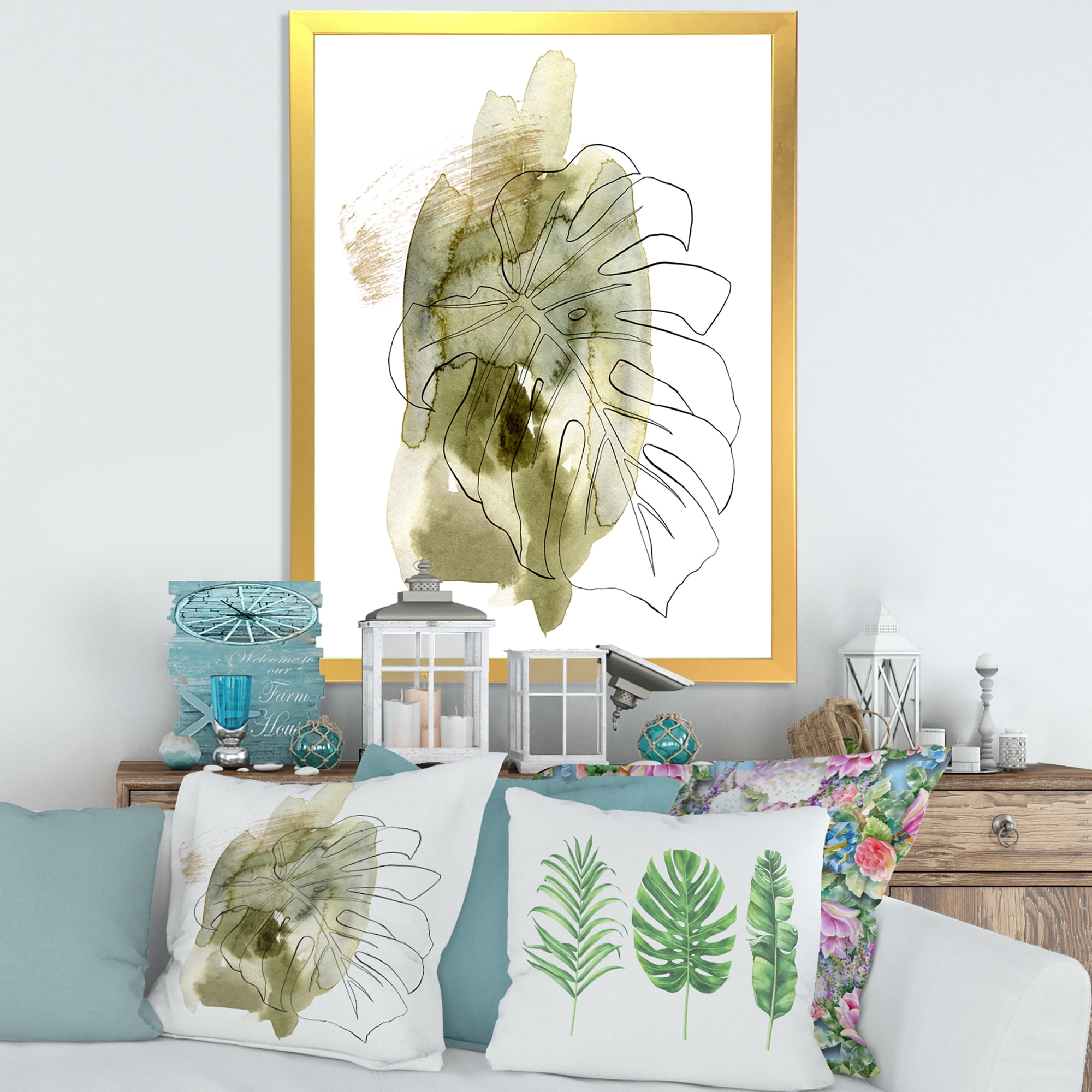 Designart 'Line Art Monstera Branch Tropical Abstract Leaves on Green' Traditional Framed Art Print