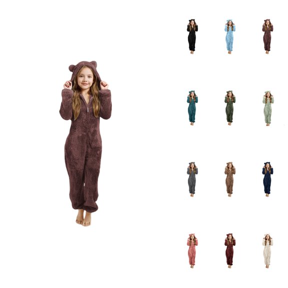 Girls Hooded Romper Jumpsuit with Animal Ears, Soft Winter Pajamas, Warm Play for Toddler Kids