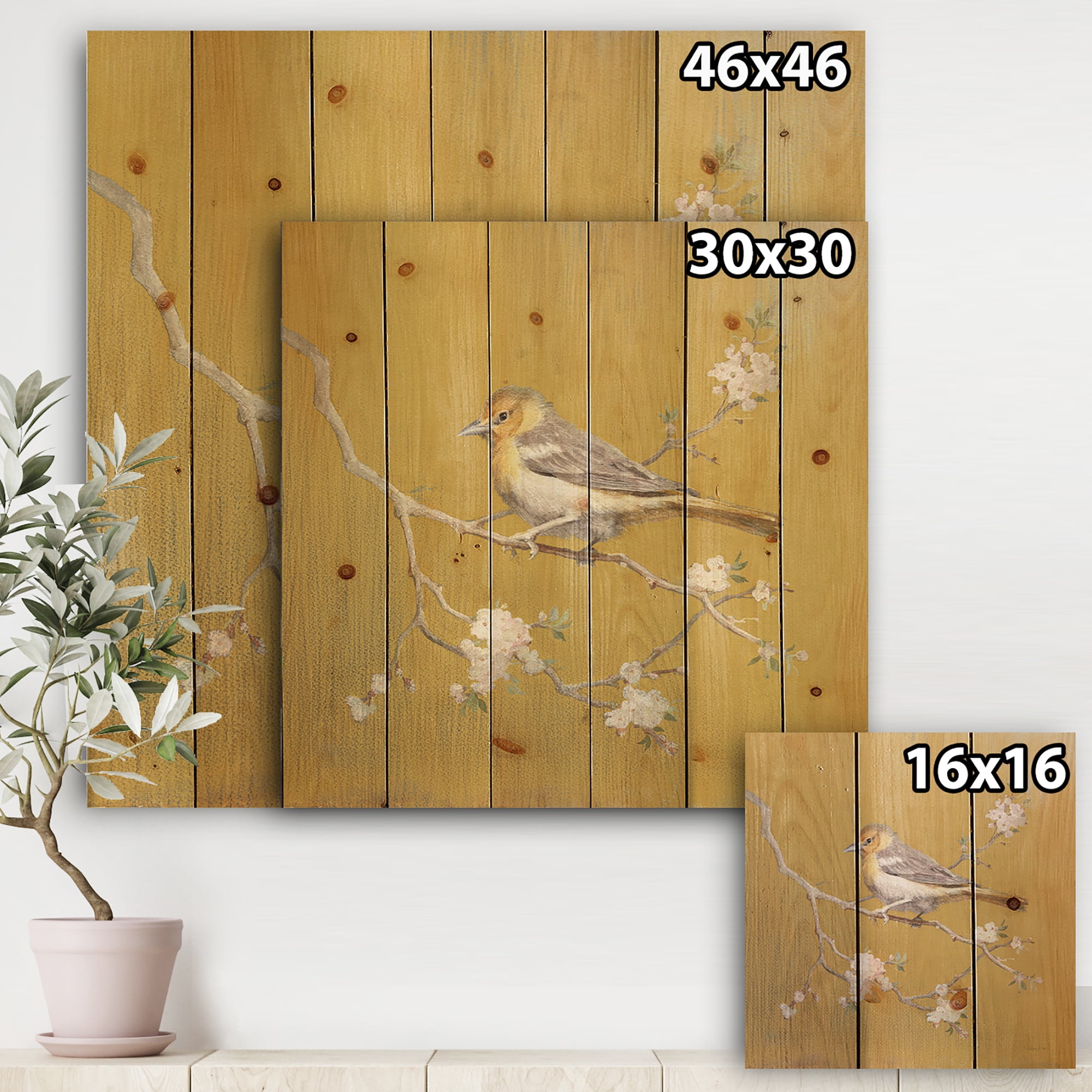 Designart 'Gold Bird Sitting on Blossoms I' Farmhouse Print on Natural Pine Wood