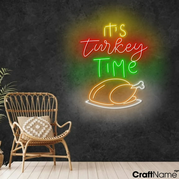 Craftnamesign It's Turkey Time Neon Light, Thanksgiving Party LED Sign, Restaurant Wall Art