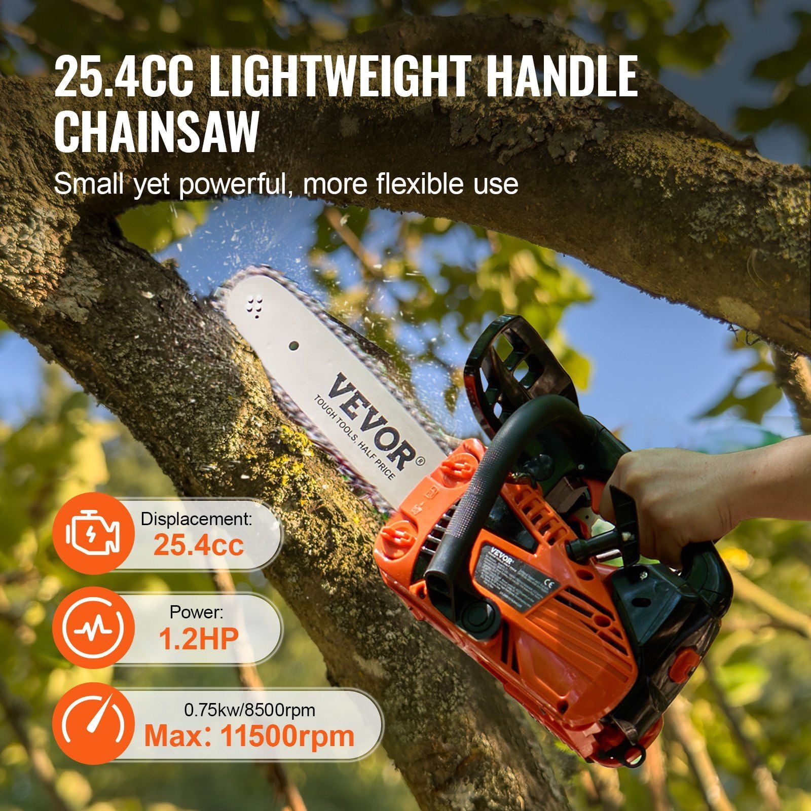 25.4cc 2-Cycle 12-Inch Gas Powered Chainsaw, Portable Gasoline Chain Saw for Wood Cutting, Tree Trimming and Logging with Quick Chain Tensioner, Anti-Vibration Handle & Safety Lock