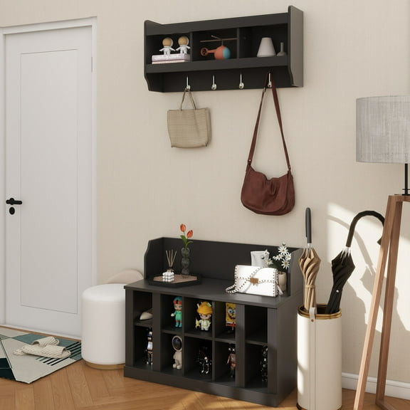 Shoe Storage Bench with Shelves and 4 Hooks, Elegant Hall Tree with Wall Mounted Coat Rack, Entryway Organizer For Hallway, Foyer, Mudroom, Black