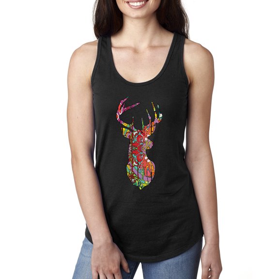 Trippy Colorful Buck Head Rainbow Hunting Deer Mosaic Animal Lover Ladies Racerback Tank Top, Black, Small