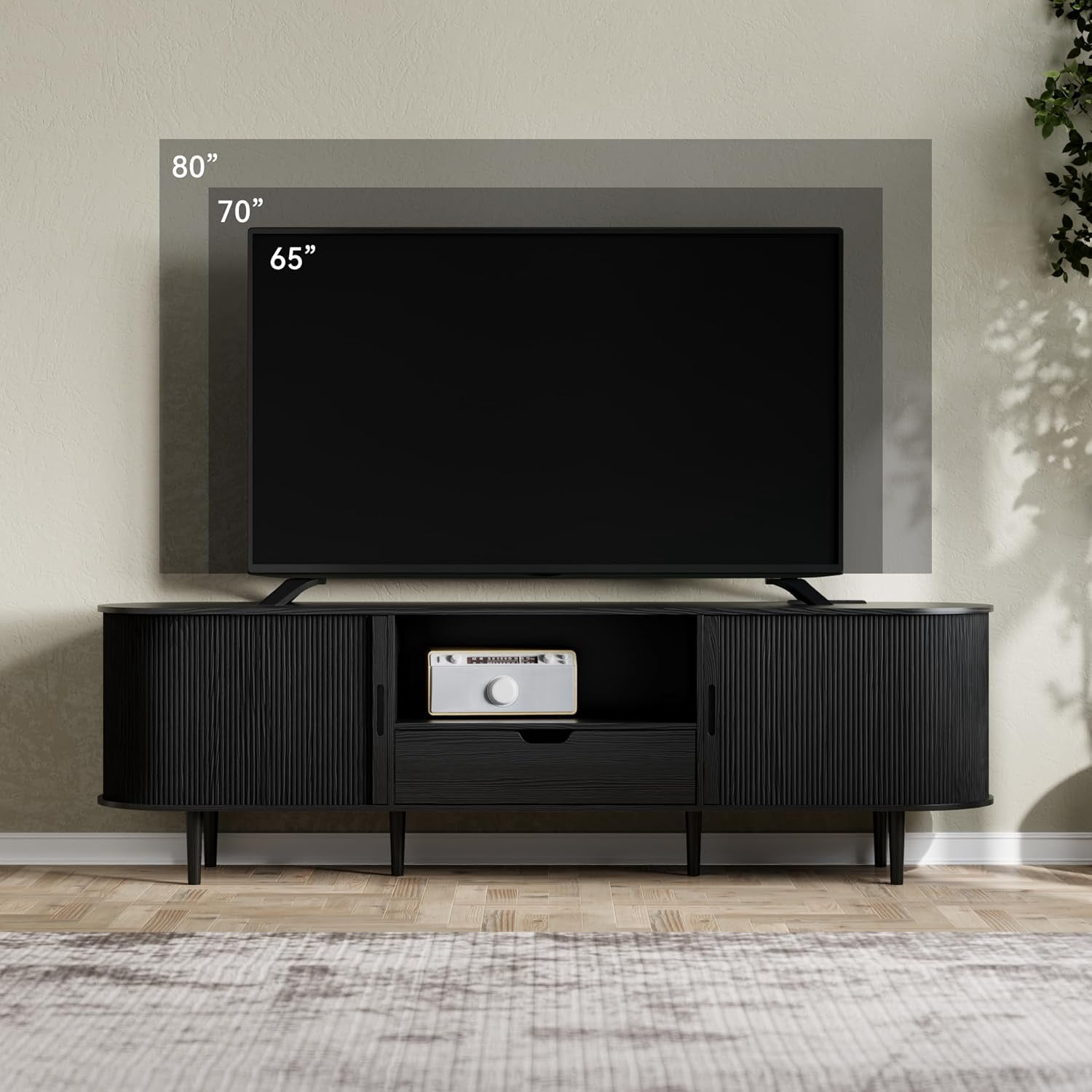 71" Mid-Century Modern Fluted TV Stand with Power Outlet, Sliding Door & Adjustable Shelves, for TVs up to 80 Inches, Black