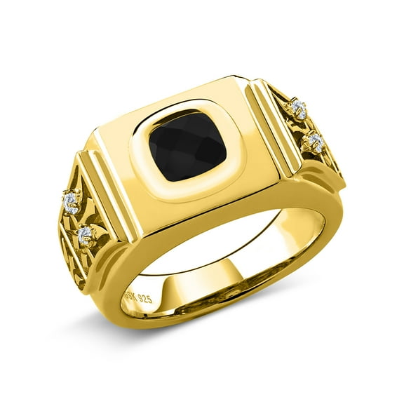 Gem Stone King 18K Yellow Gold Plated Silver Men's Ring Cushion Checkerboard Black Onyx and Moissanite (2.14 Cttw, Size 11)