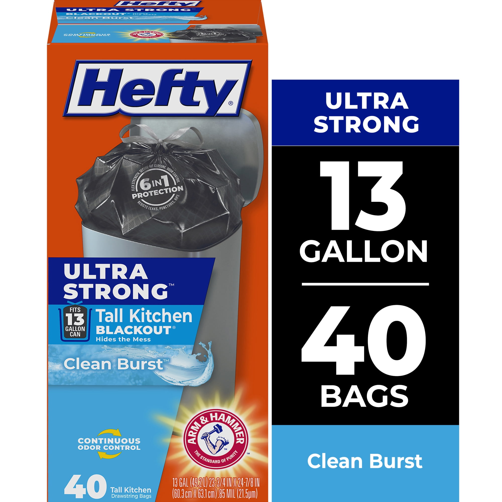 (6 pack) Hefty Ultra Strong 13 Gallon Trash Bags, Tall Kitchen Trash Bags, Blackout, Clean Burst Scent, 40 Bags