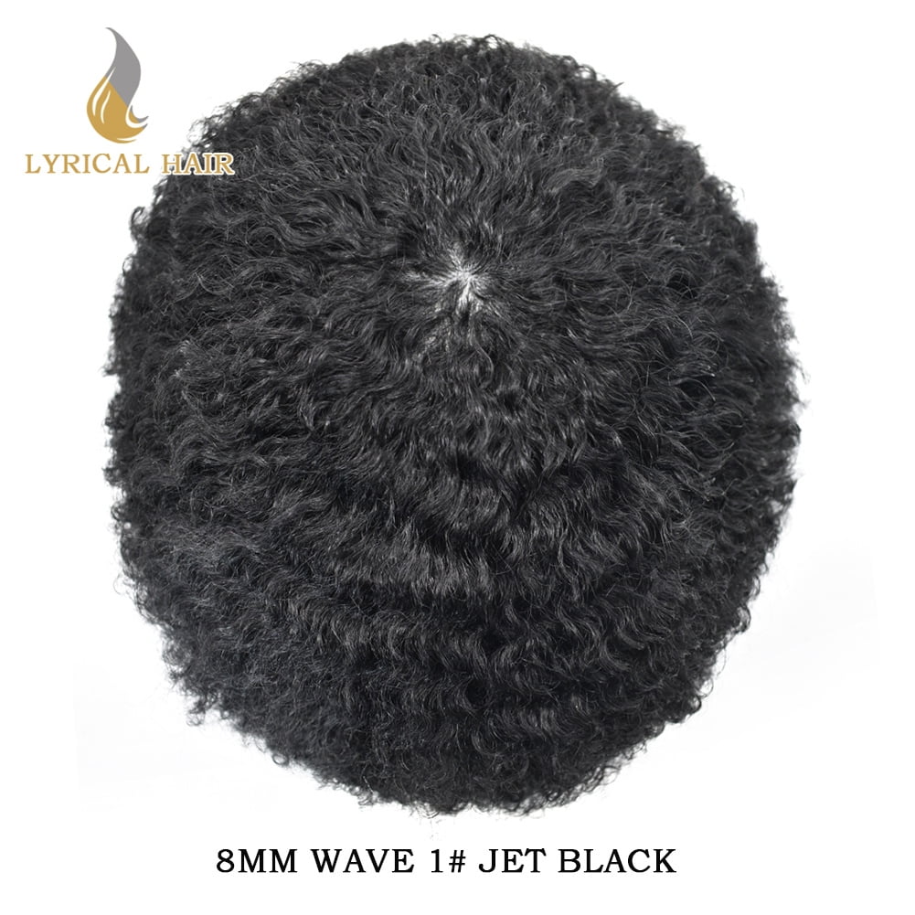 Lyricalhair Toupee for Men 8MM Kinky Curly Hairpieces for Man Brazilian Human Hair Replacement System Full PU Hair Units for African American Mens Wig Male Hair Prosthesis #1 Jet Black