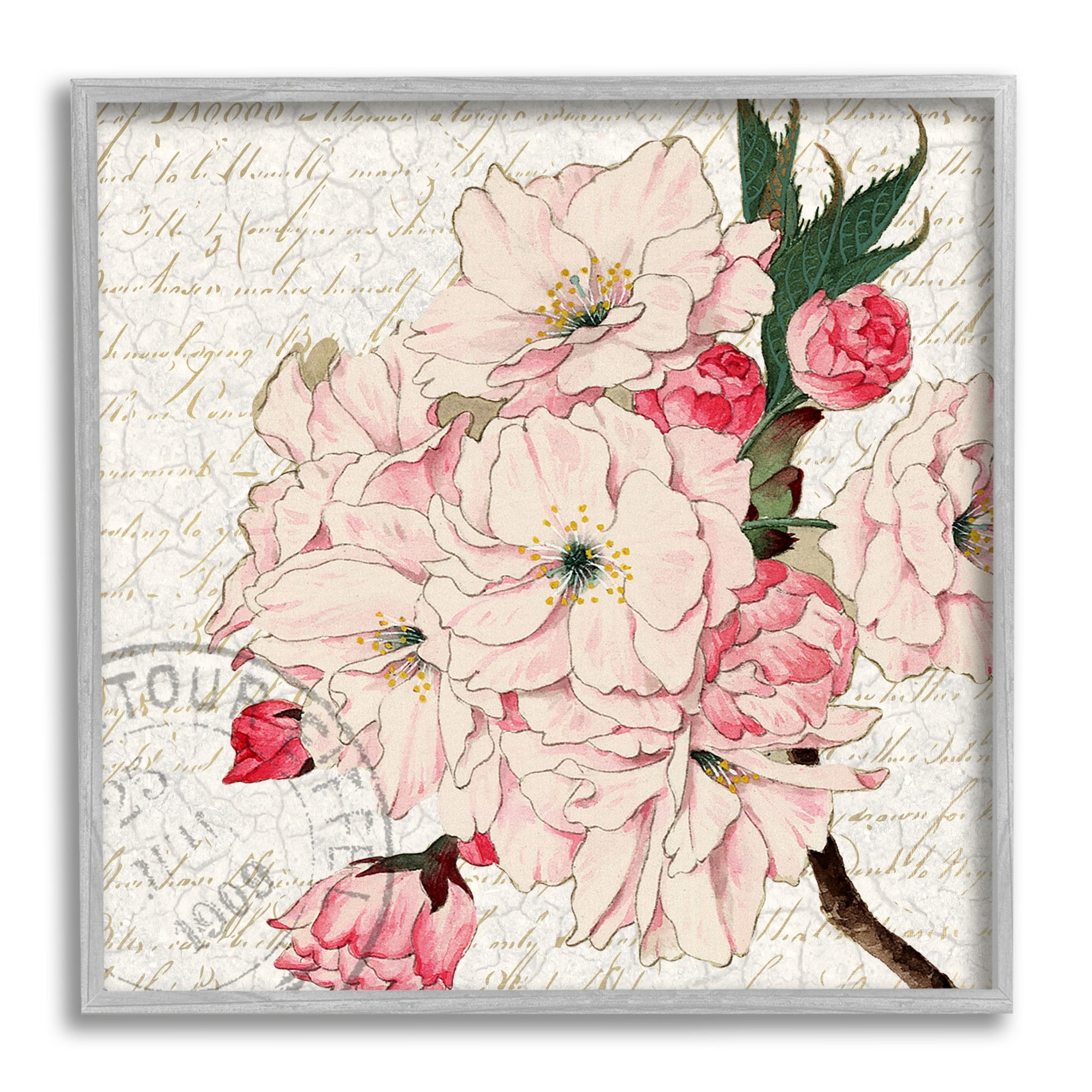 Stupell Industries Vintage Pink Floral Arrangement Ornate Script Stamp Graphic Art Gray Framed Art Print Wall Art, Design by Kim Allen