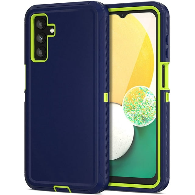 Samsung Galaxy A16 Hard Defender Case featuring a triple-layer shockproof design in a navy blue and lime green color combination. The case includes precise cutouts for buttons, controls, and ports, with a dust plug for the charging port. It offers raised edges and reinforced corners for enhanced drop, scratch, and dust protection. Shown in a front and back view to highlight its protective features and compatibility with the Samsung Galaxy A16.