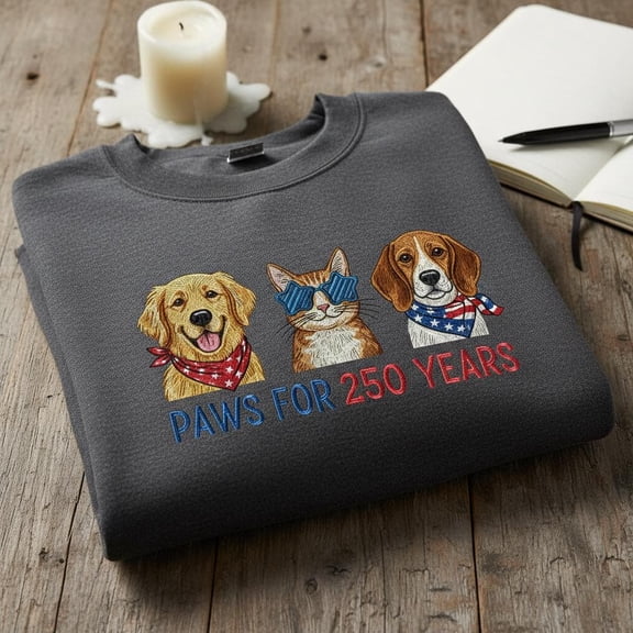 Paws for 250 Years embroidered sweatshirt, Patriotic Dog Cat Crewneck, Golden Retriever Beagle Cat Lover Gift, USA Independence Day