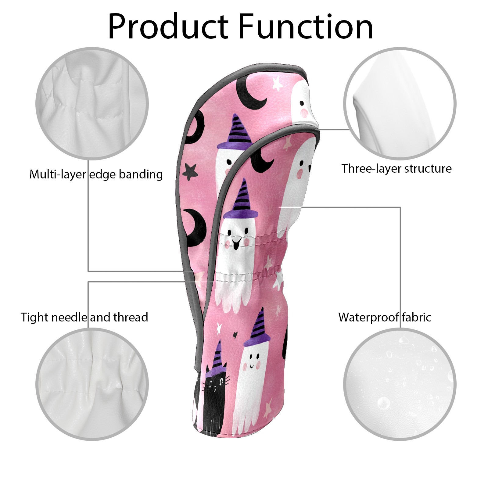 Golf Club Covers, Pink GhostCatMoon Premium PU Leather Driver Hybrid Putter Head Covers with Velvet Lining, Waterproof Golf Gifts for Men Women