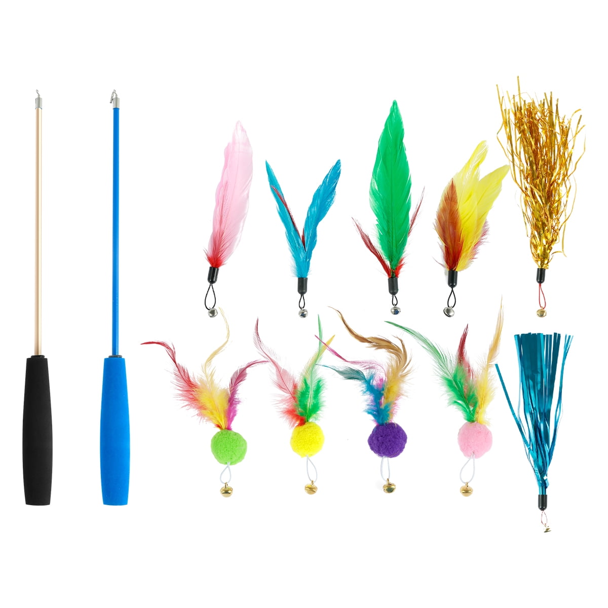 Juego De 5 Juguetes Interactivos Para Gatos Con Plumas - Palos De Madera De 40 Cm, Cuerdas Elásticas Y Cascabeles