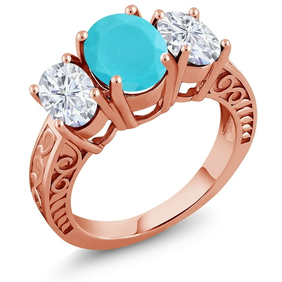 Gem Stone King 18K Rose Gold Plated Silver 3-Stone Ring Oval Green Turquoise and Moissanite (3.30 Cttw, Size 6)