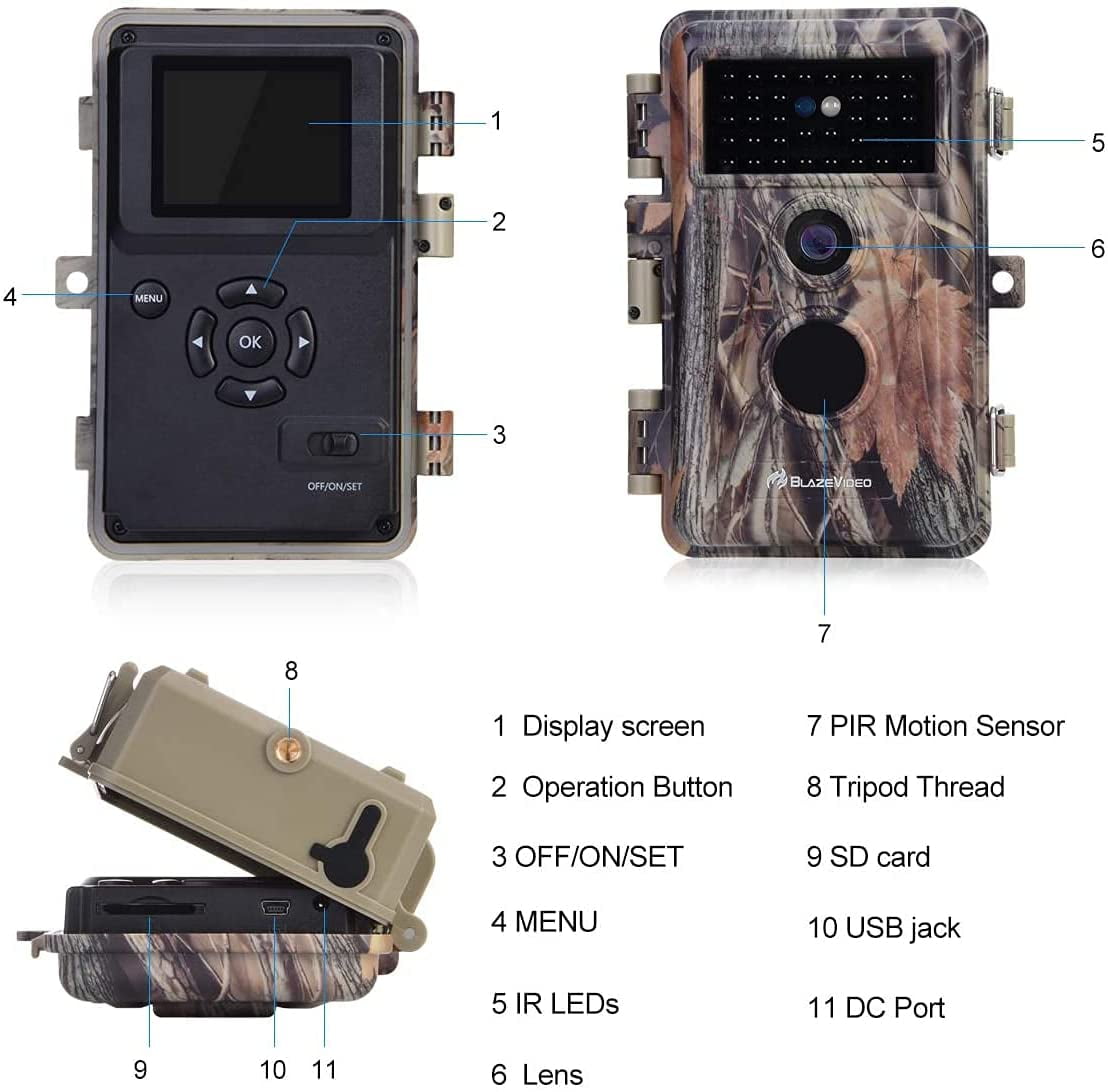 BlazeVideo Game Trail Camera 64MP 1296P No Glow Night Vision Motion Activated IP66 Waterproof