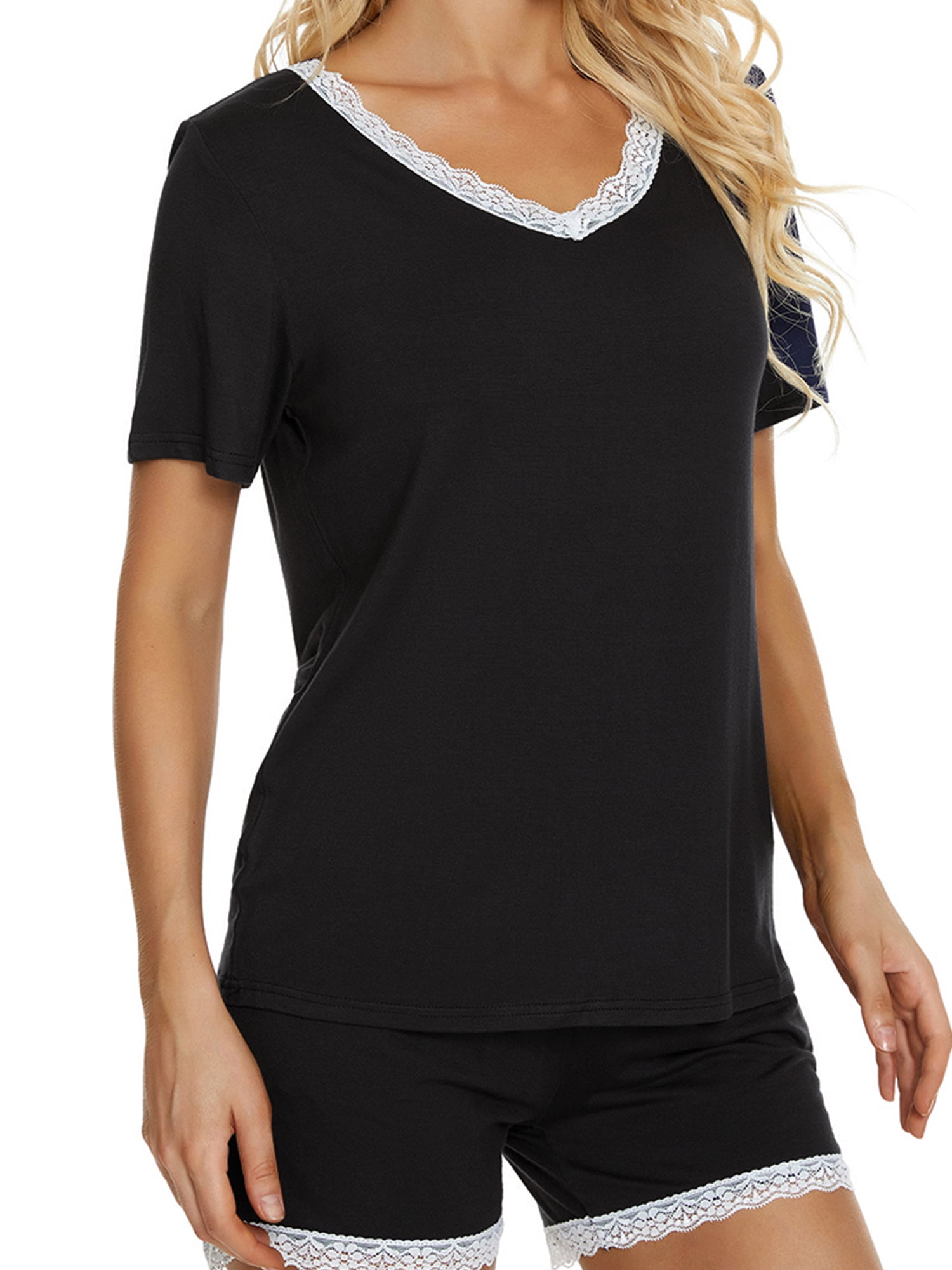 Unique Bargains Women's Sleepwear Lounge Soft Nightwear with Pockets Pajama Set S Black