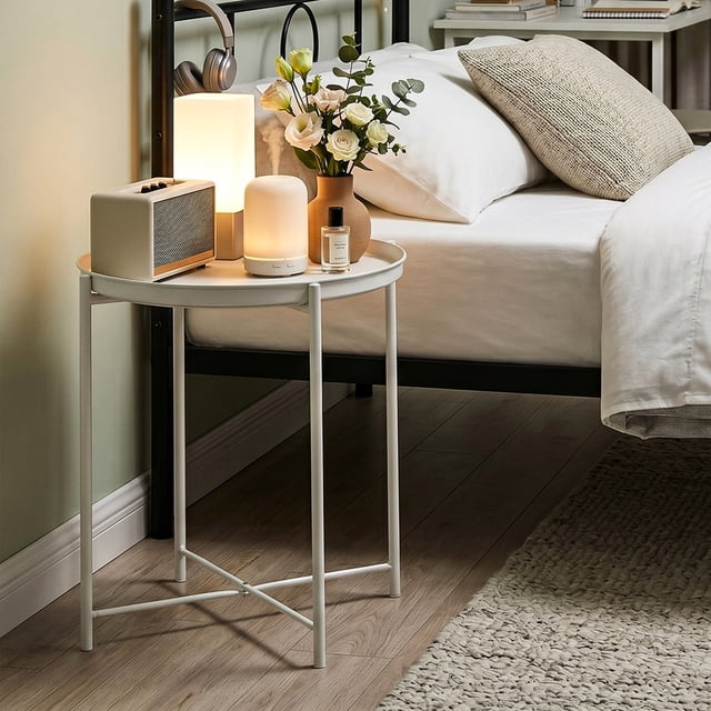 Mesa Lateral FurnitureR Mesa de Centro Blanca con Bandeja Auxiliar Metal Moderno