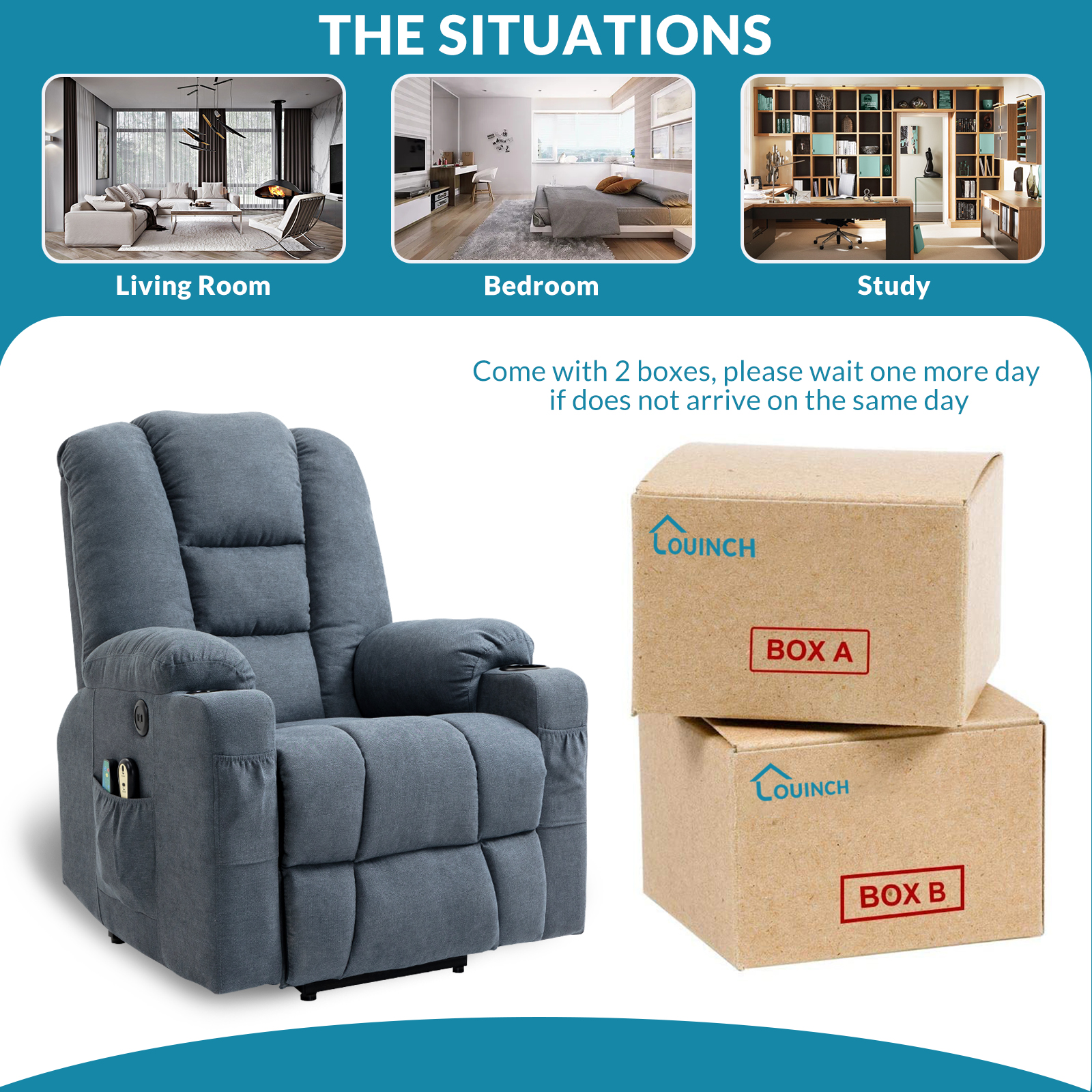 OUINCH Power Lift Recliner Chair with Massage & Heat, USB Ports, Cup Holders, Blue