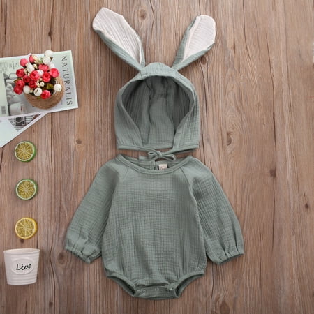 

Puloru Newborn Kids Round Neck Romper Skinny Button Closure Bodysuit with Hat