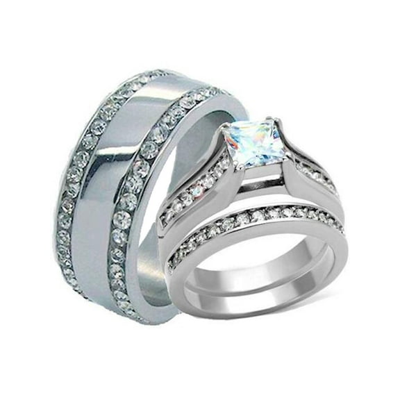 His and Hers Wedding Rings Princess Cut Cz Set Stainless Steel Eternity Band