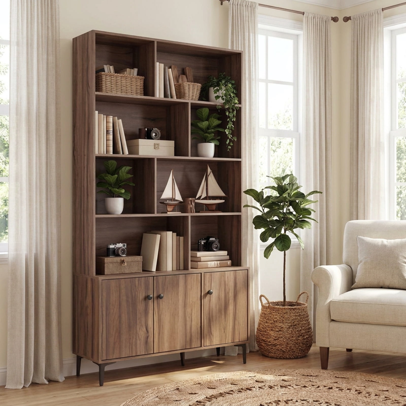 Furnibear Bookshelf with 3 Doors and 2 Anti-Tipping Kits for Home Office for Living Room Home Office Bedroom Display Storage Shelf, Walnut