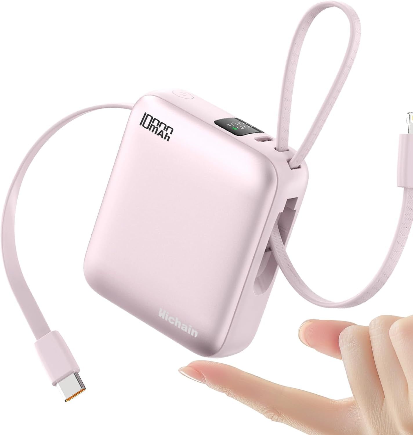 RGHJAR-Small Portable Charger with Built in Cables LED Display, Mini Power Bank 10000mAh 22.5W USB-C Fast Charging Battery Pack, Travel Essential Power Bank for iPhone, iPad, Samsung, Android Pink