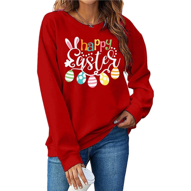 EGNMCR Easter T-Shirt Imprimé Graphique pour Femmes T-Shirts Printemps et Été Col Rond Imprimé Easter Chandail en Molleton Ample à Manches Longues Chandail en Molleton Sans Capuche T-Shirts pour Femmes