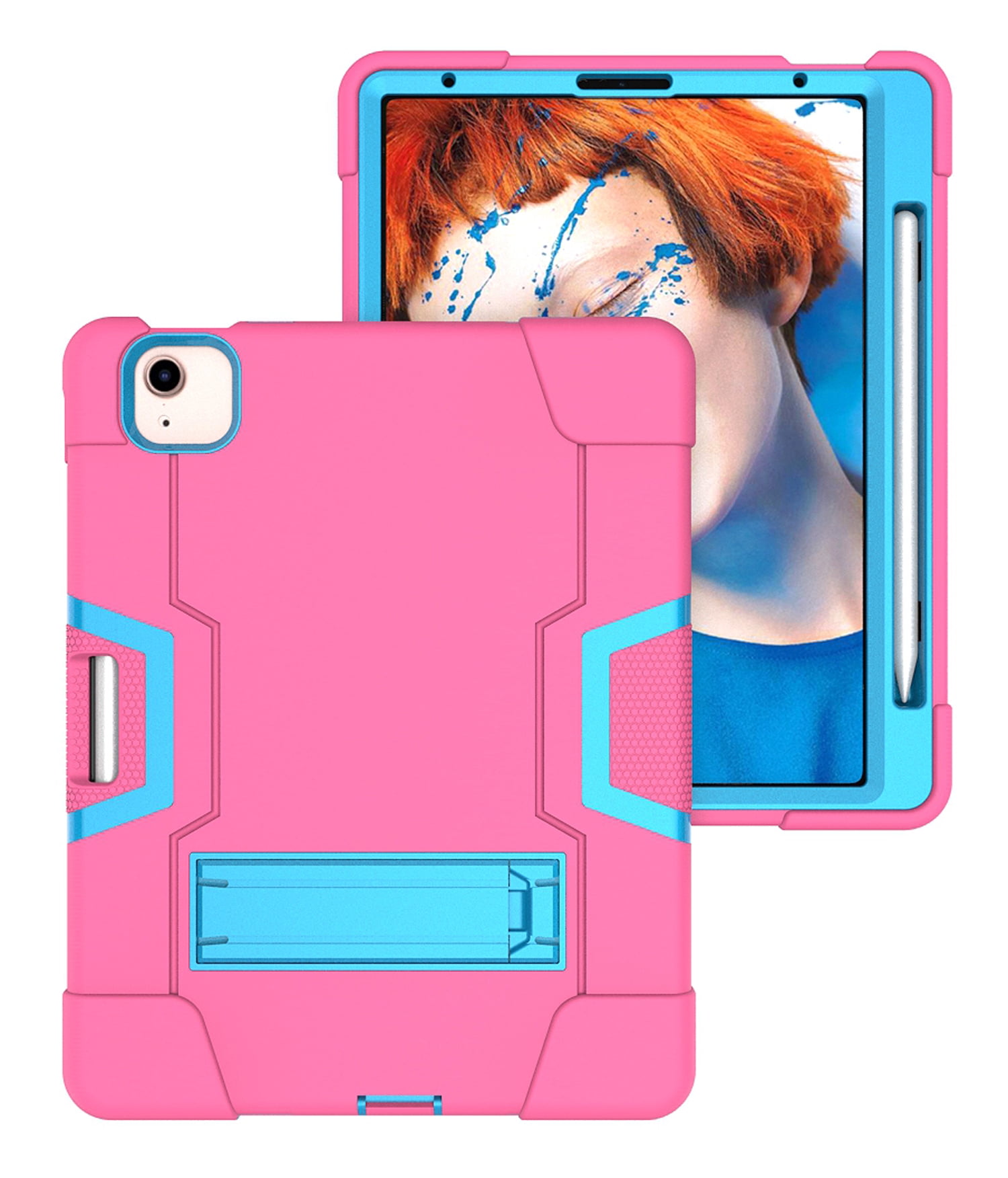Allytech iPad Air 5 Case 2022, iPad Air 4 Case 2020, Heavy Duty Protection Shockproof Build In Kickstand Pencil Holder Kids Friendly Case for Apple iPad Air 5th 4th Generation, BlackRose/Blue