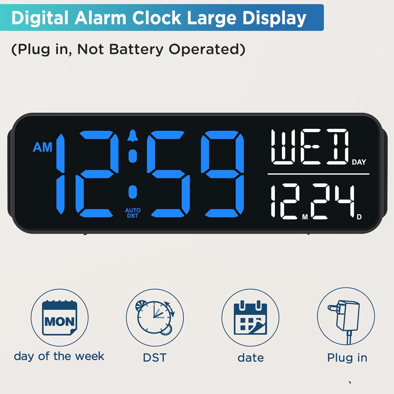 Large Display Digital Alarm Clock for Bedrooms, Date Day of Week Calendar Desk Table Clocks for Living Room Office, Dimmable Plug in Electric Clock, 5 Volumes, Loud, Auto DST