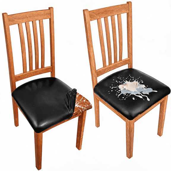 PU Leather Dining Chair Seat Cover 2 Pack Waterproof Stretch Chair Slipcover Black