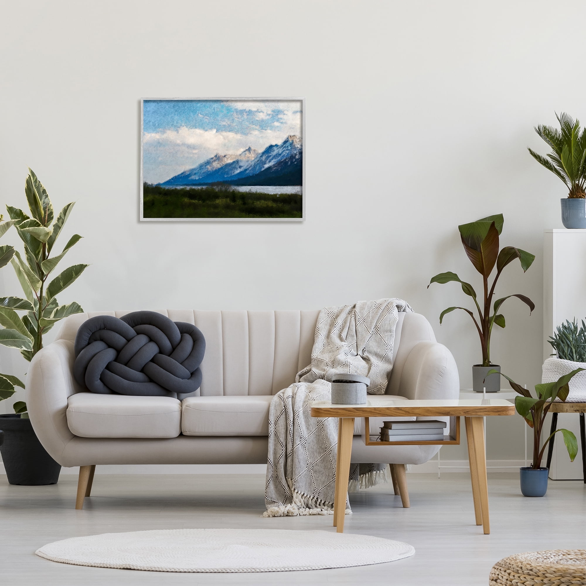 Stupell Industries Mountain & River Landscape Landscape Painting Gray Framed Art Print Wall Art, 30 x 24